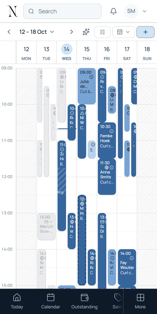 The NOZAIA calendar on a phone, with the menu bar at the bottom