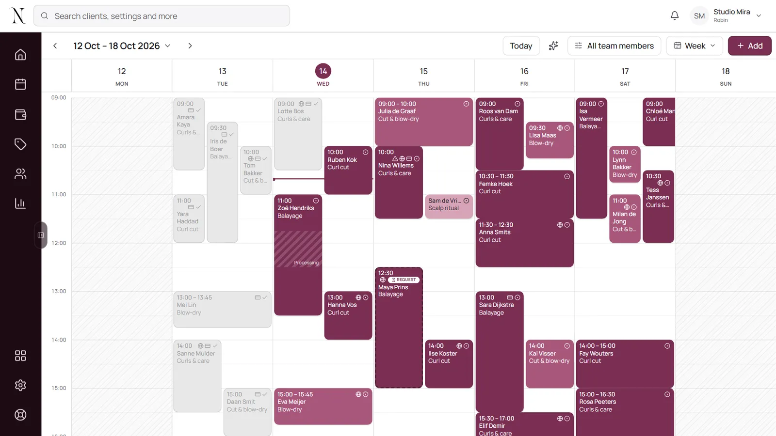 The NOZAIA week calendar with an appointment card open