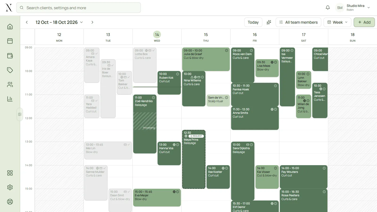 The NOZAIA calendar with appointments in shades of green