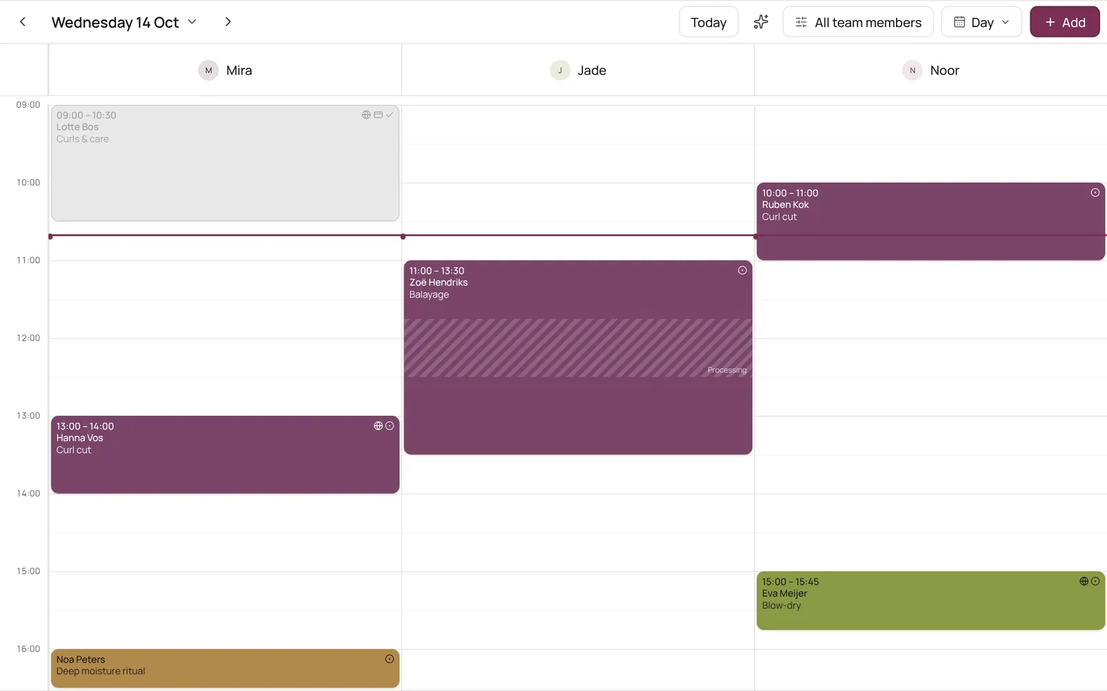 The calendar in day view, with a column per team member