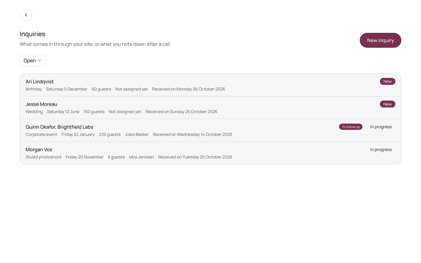 Incoming event inquiries