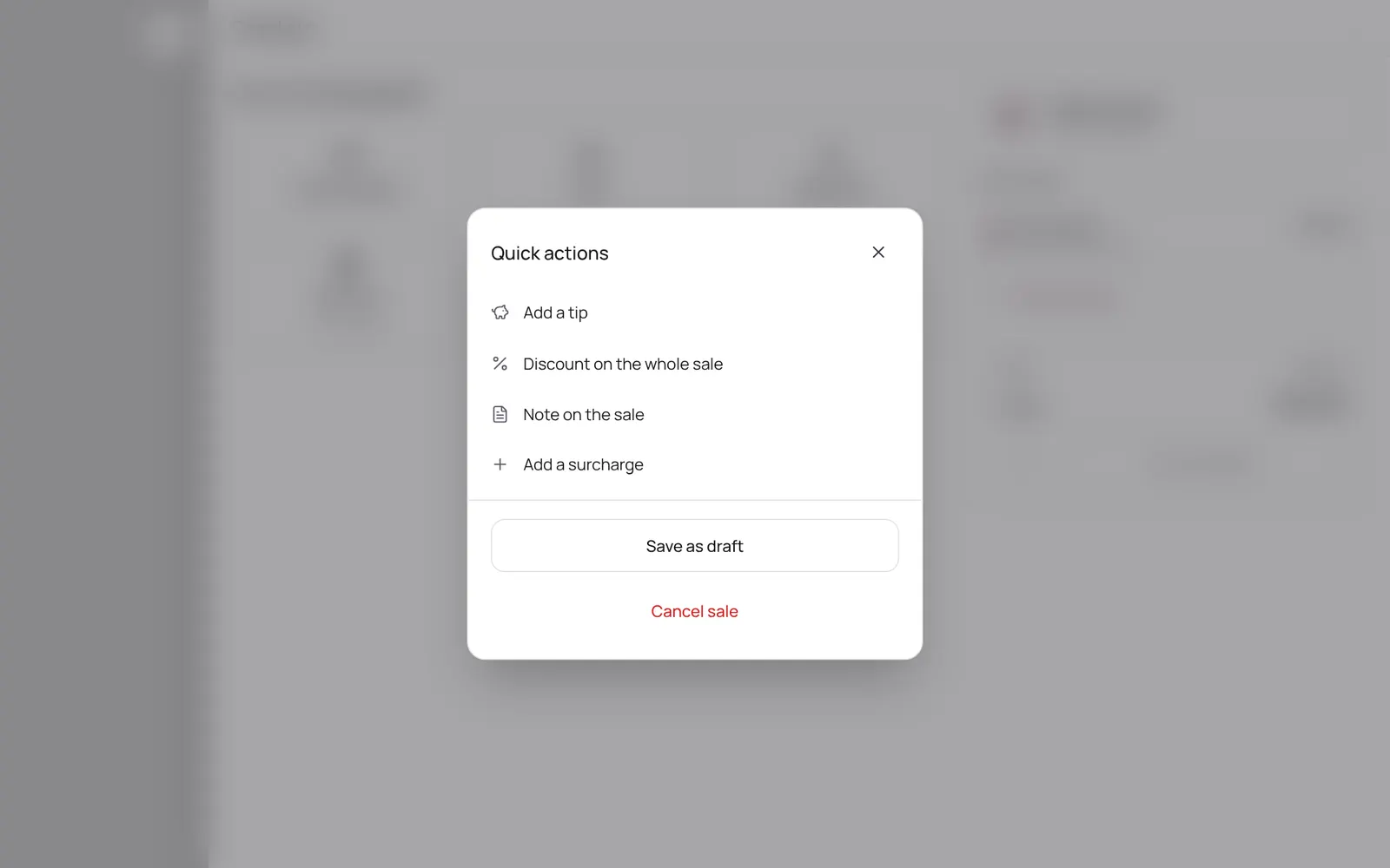 The quick actions at checkout: tip, discount, surcharge and a note