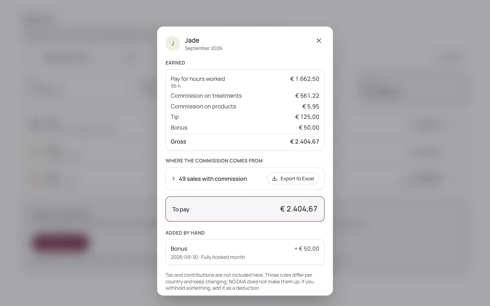 A pay run with the breakdown of one team member's pay