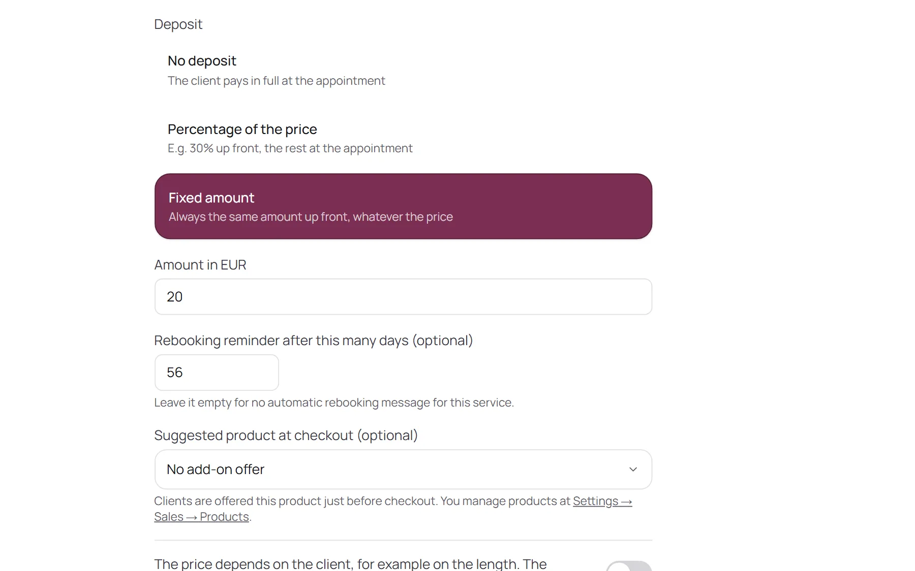 The deposit setting of a treatment in NOZAIA, set to a fixed amount