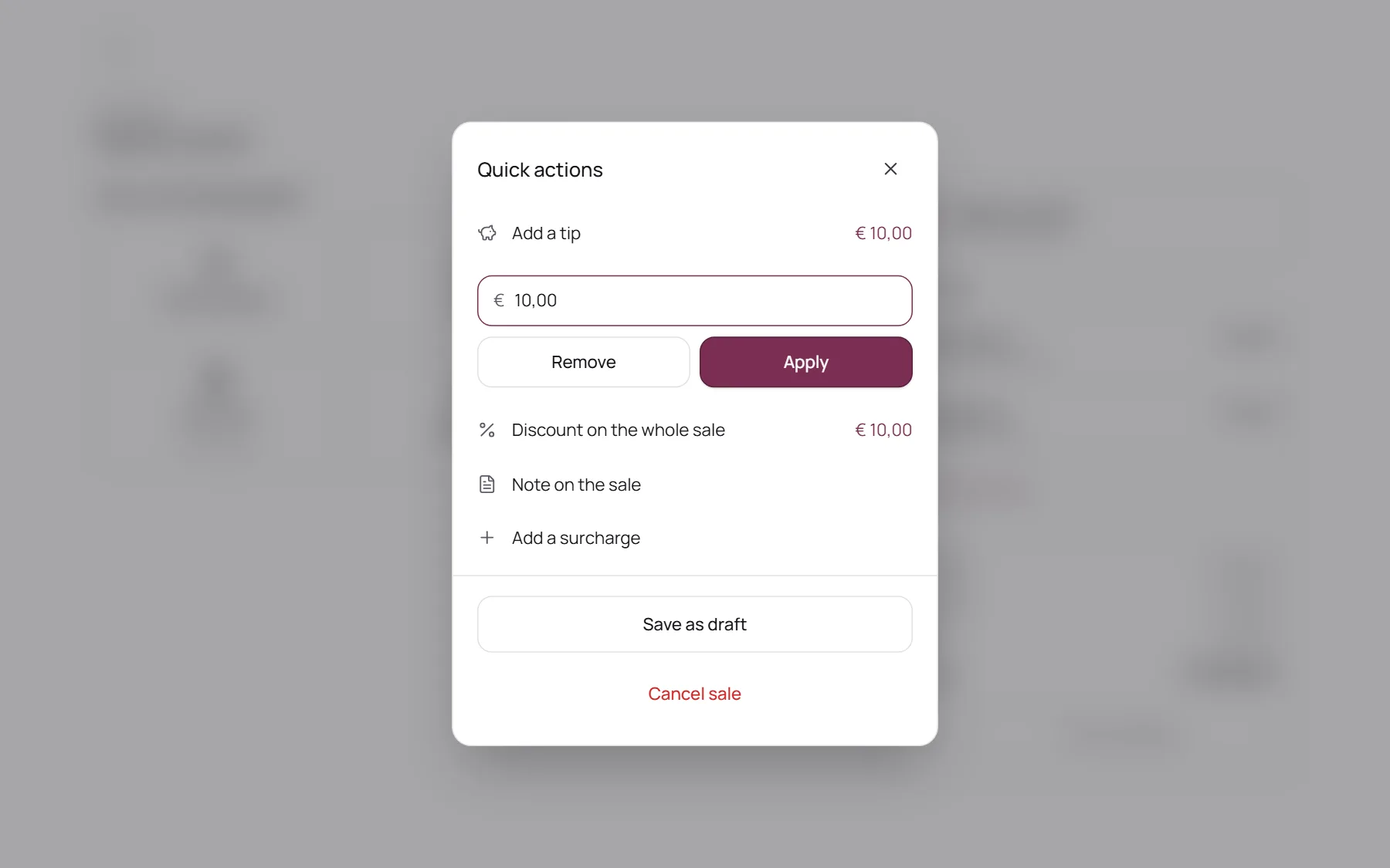 The quick actions at checkout: tip, discount, surcharge and a note