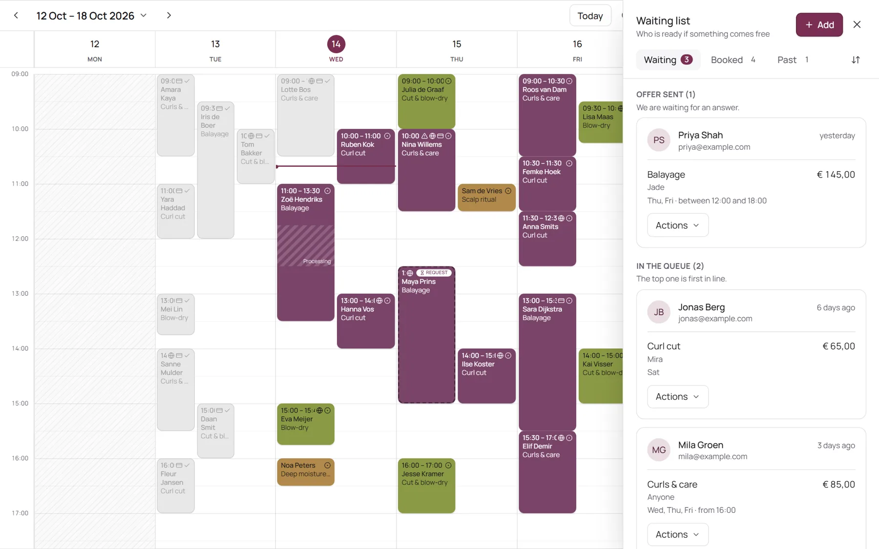 The waiting list next to the calendar