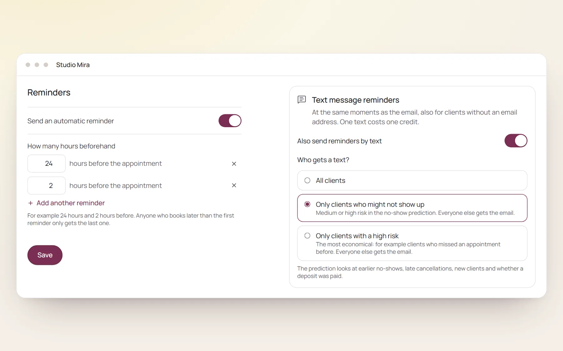 The reminder settings in NOZAIA, with reminders 24 and 2 hours before and text messages for clients at risk