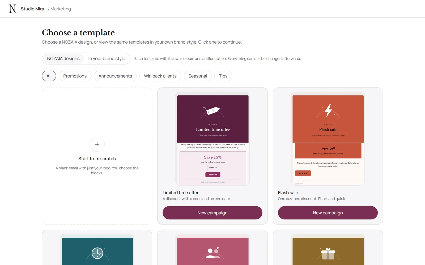 The NOZAIA template picker with campaign emails for every occasion