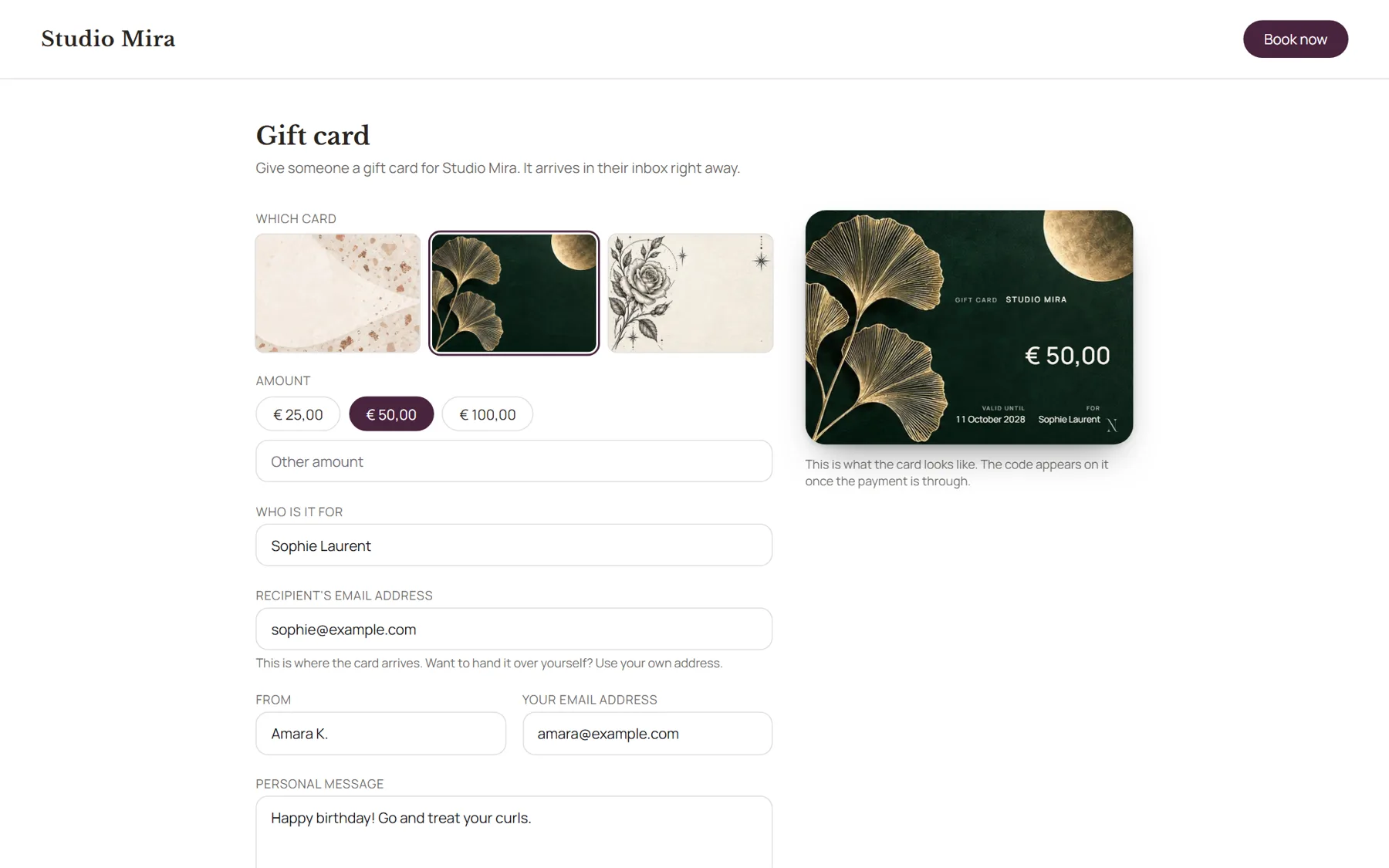 The gift card page of a salon, with the card changing as you fill it in