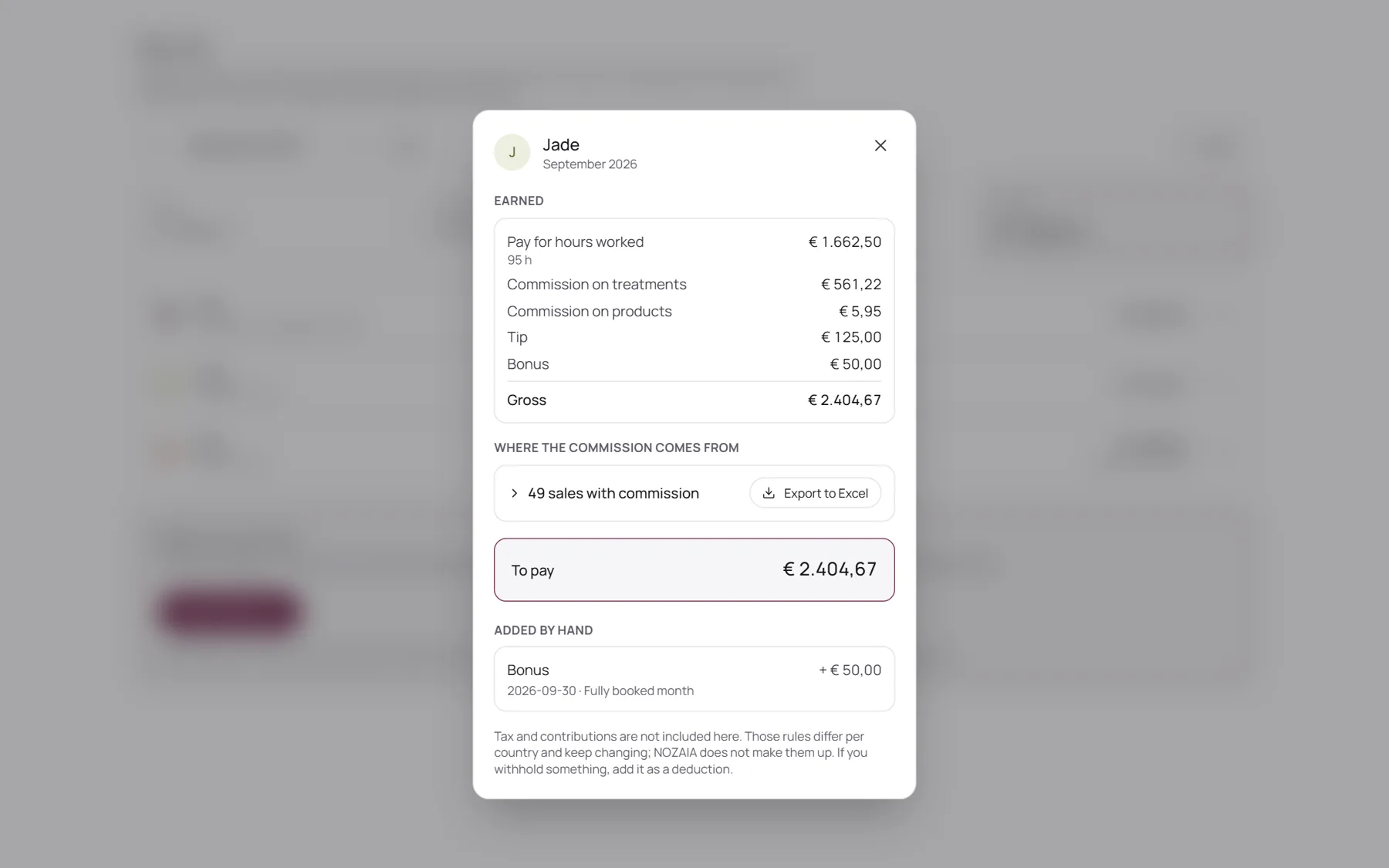A pay run with the breakdown of one team member's pay