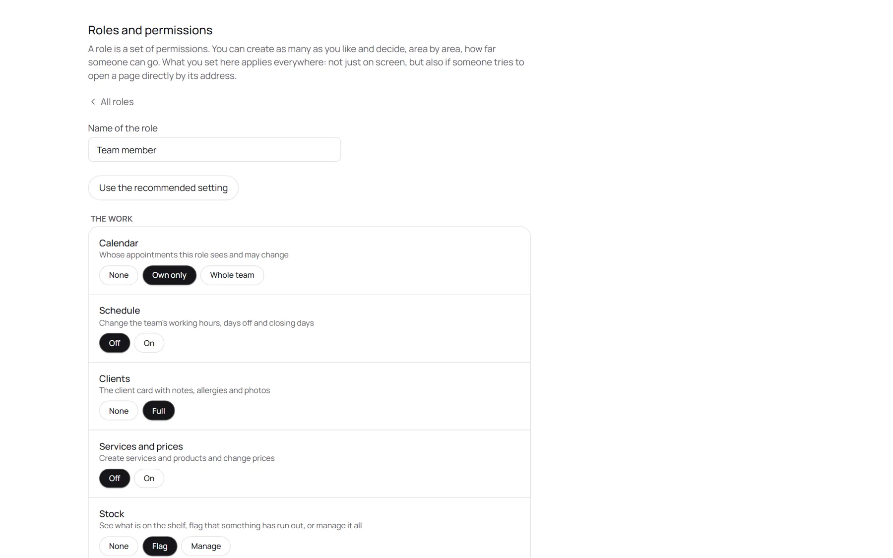 The roles screen with the permissions of a team member